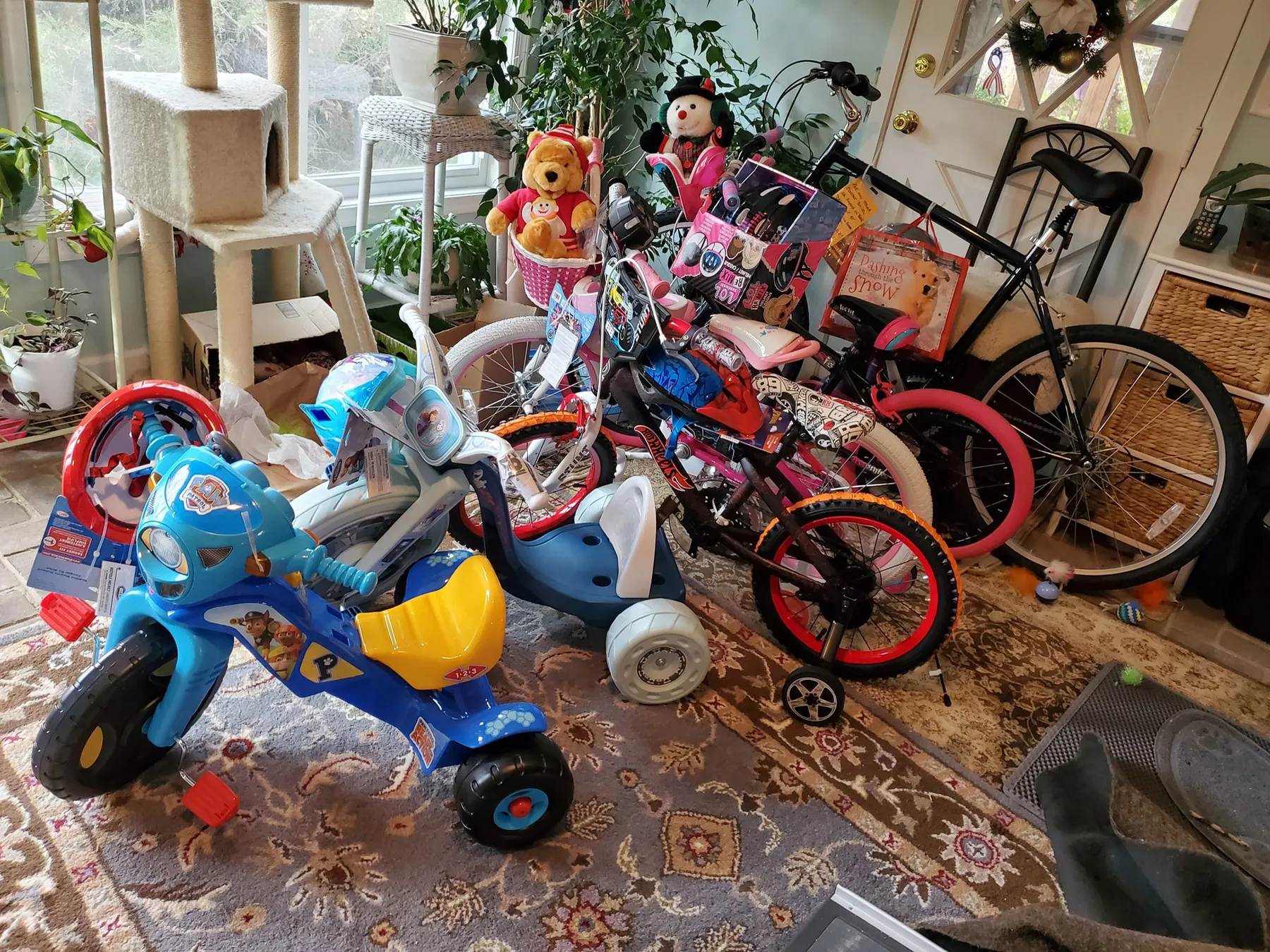 Children's bikes, a tricycle and helmets staged indoors before a delivery